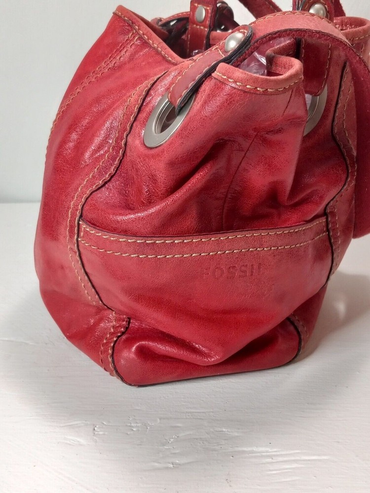 FOSSIL HATHAWAY Red Glazed Leather Shopper Tote Shoulder Handbag Purse Medium - Picture 4 of 5